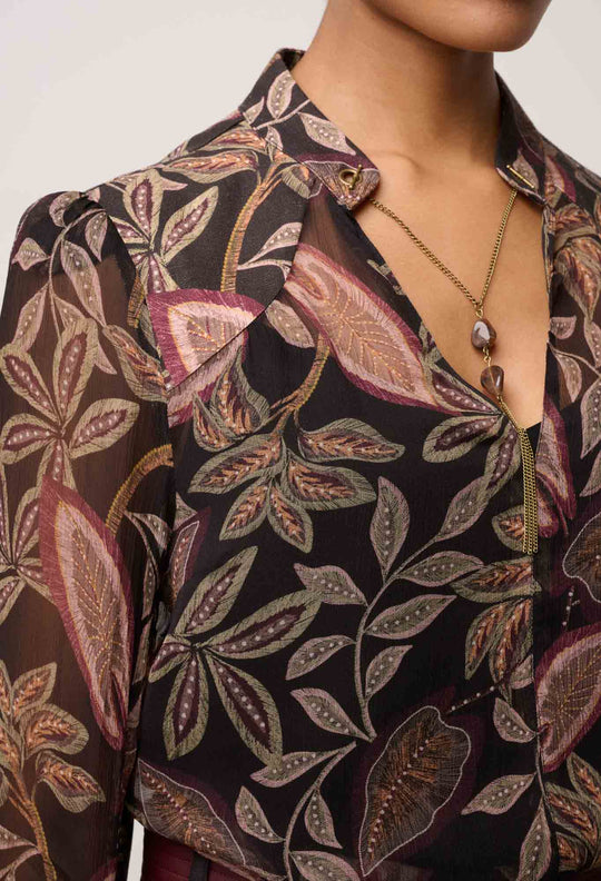 OnceWas Freya Sheer Viscose Blouse with Embellished Neck in Dark Tropique