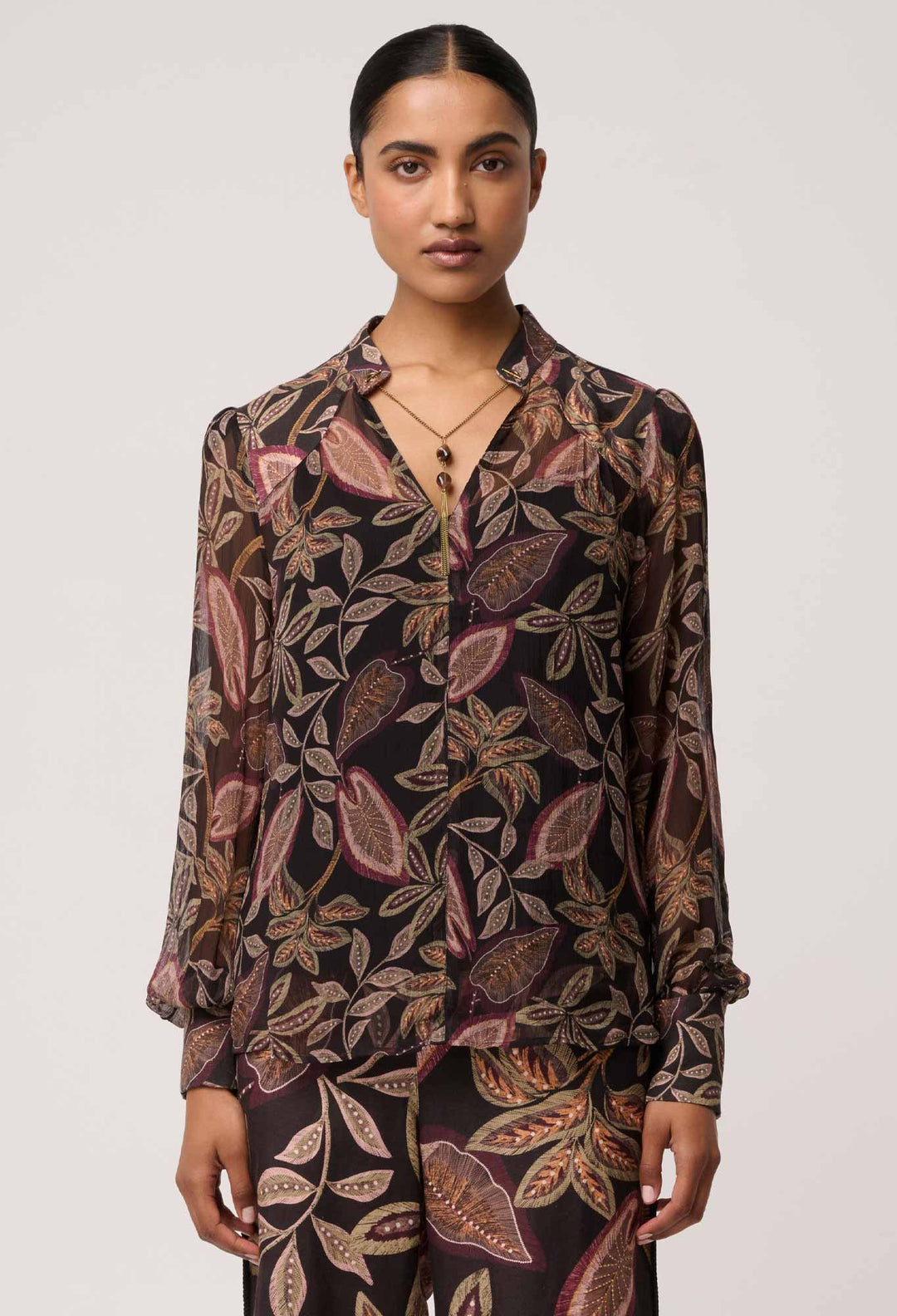 OnceWas Freya Sheer Viscose Blouse with Embellished Neck in Dark Tropique