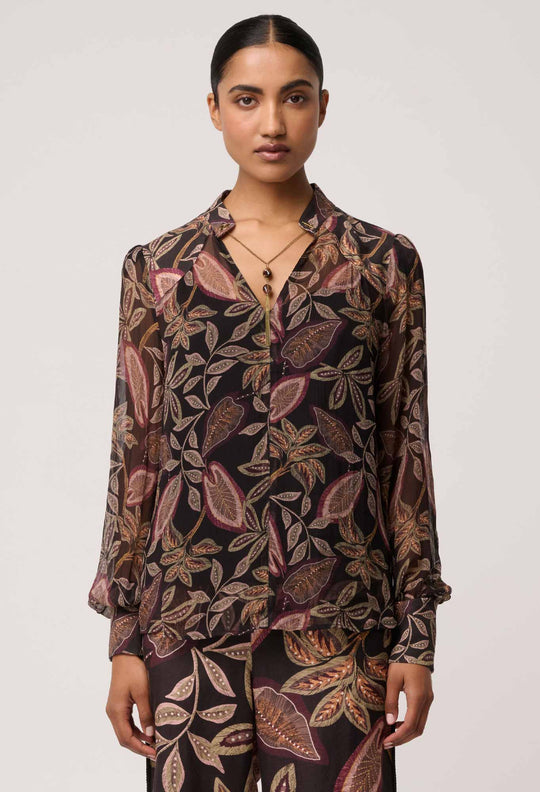 OnceWas Freya Sheer Viscose Blouse with Embellished Neck in Dark Tropique