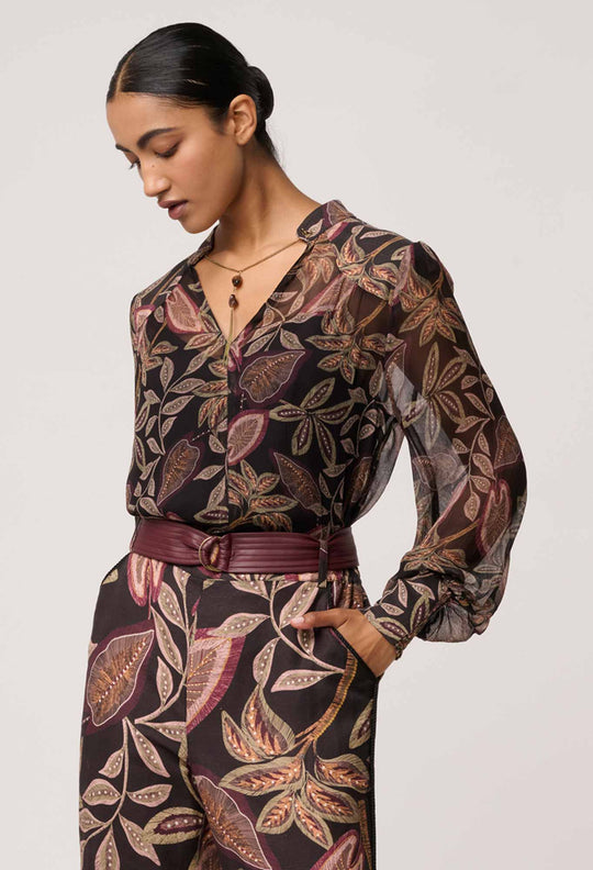 OnceWas Freya Sheer Viscose Blouse with Embellished Neck in Dark Tropique