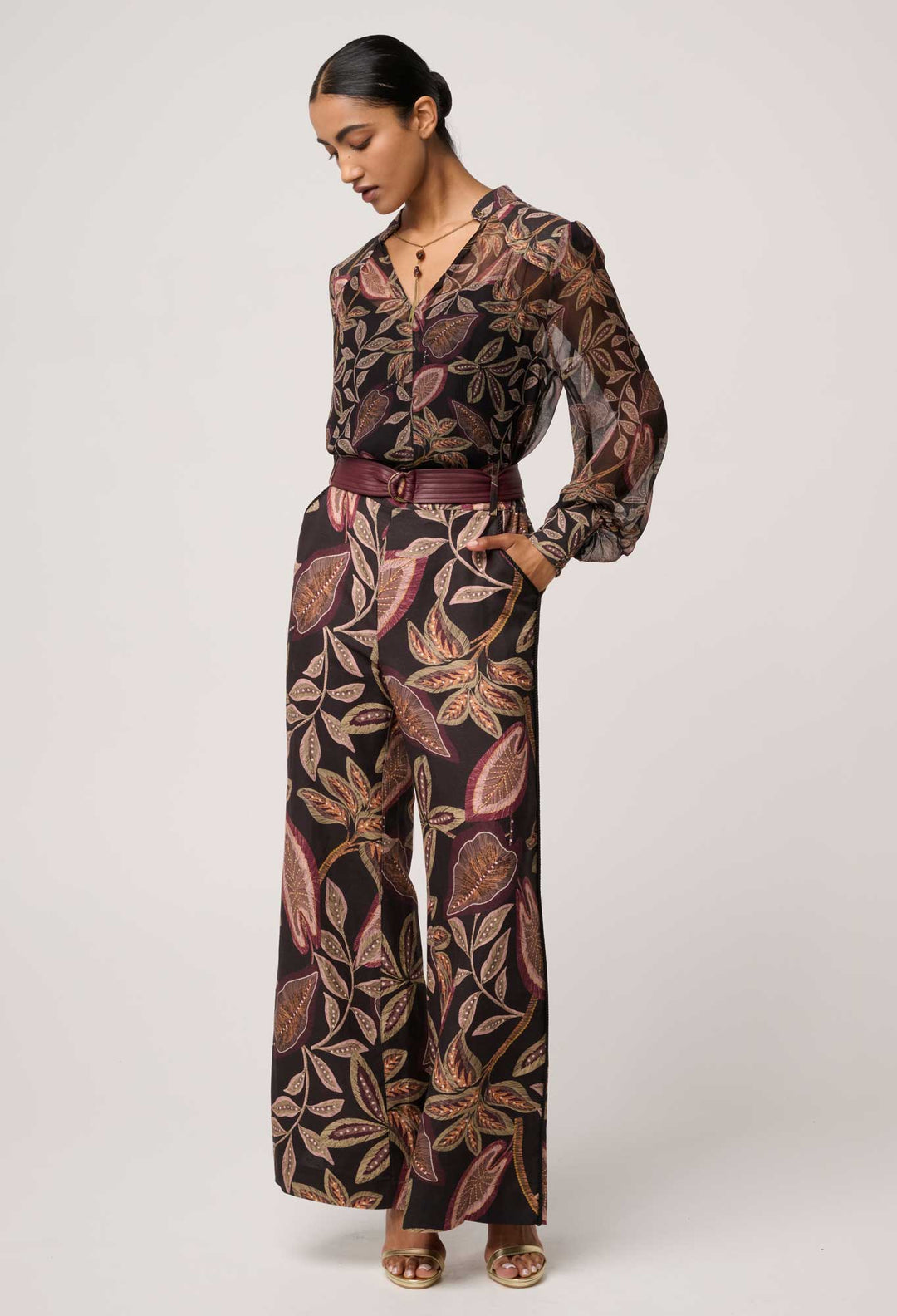 OnceWas Freya Sheer Viscose Blouse with Embellished Neck in Dark Tropique