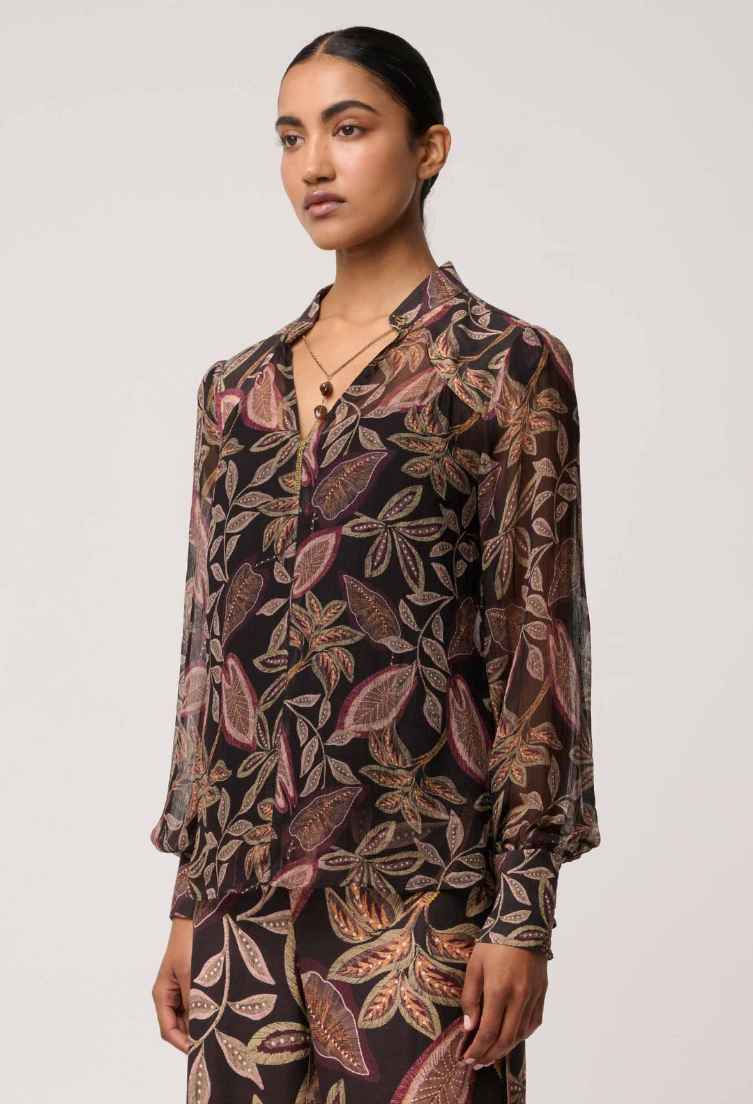 OnceWas Freya Sheer Viscose Blouse with Embellished Neck in Dark Tropique