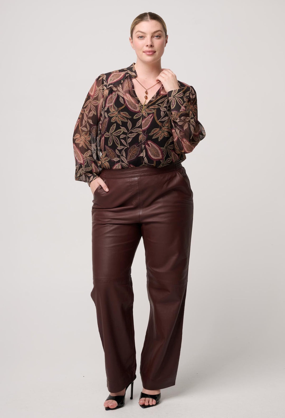 OnceWas Freya Sheer Viscose Blouse with Embellished Neck in Dark Tropique