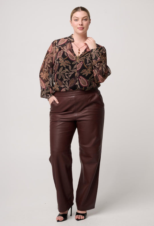OnceWas Freya Sheer Viscose Blouse with Embellished Neck in Dark Tropique