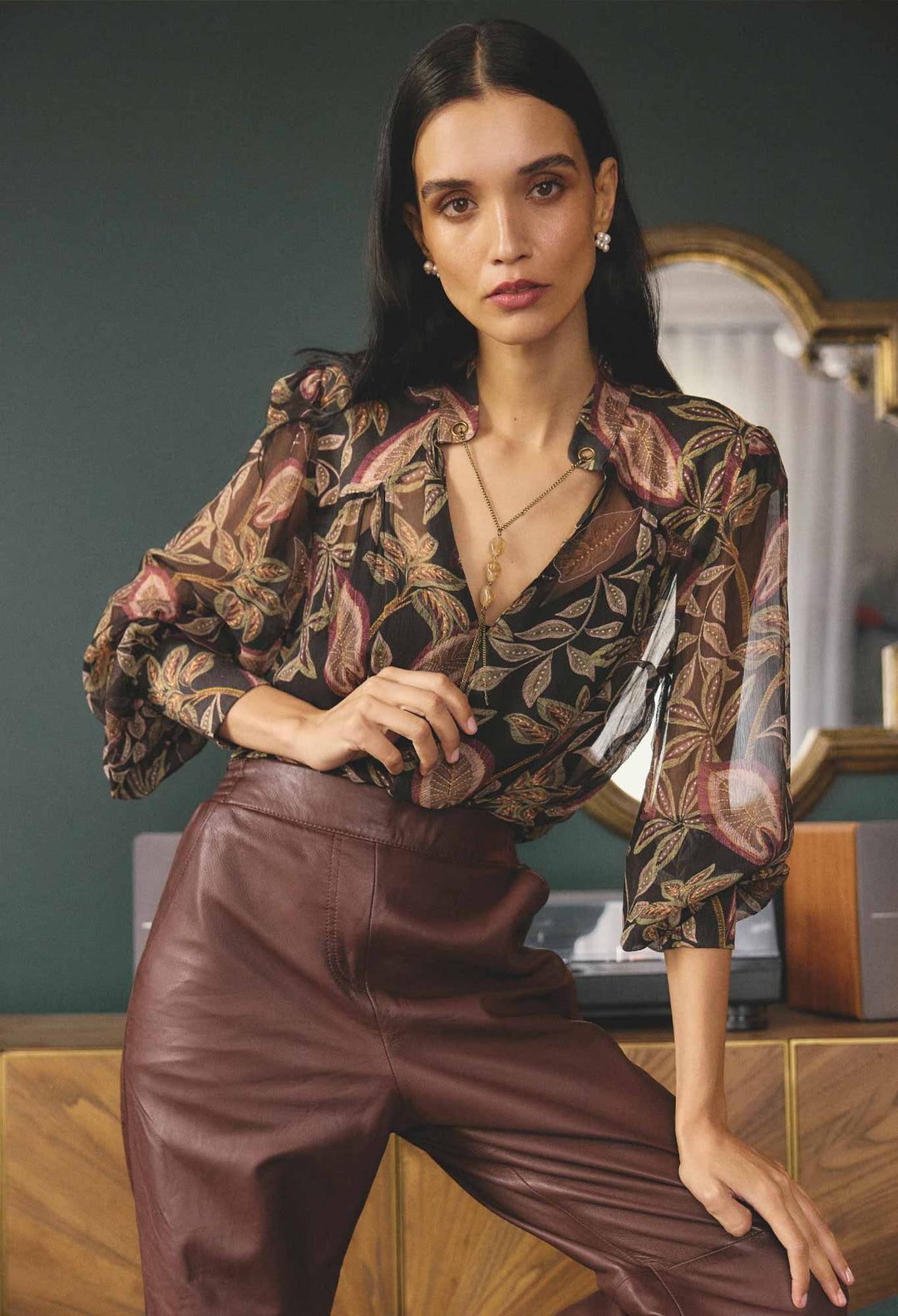 OnceWas Freya Sheer Viscose Blouse with Embellished Neck in Dark Tropique