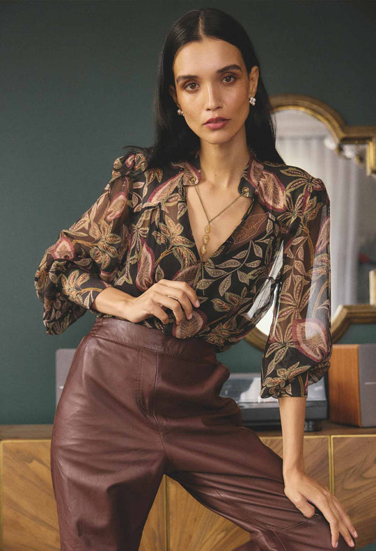 OnceWas Freya Sheer Viscose Blouse with Embellished Neck in Dark Tropique