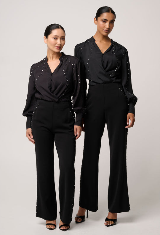 UNDER 5'4 Marcela Pearl Embellished Cupro Viscose Shirt in Black