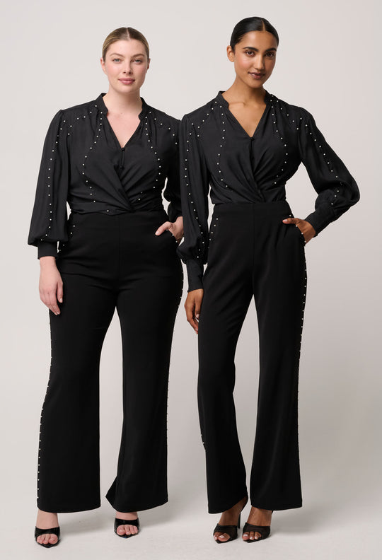 OnceWas Marcela Pearl Embellished Cupro Viscose Stretch Shirt in Black
