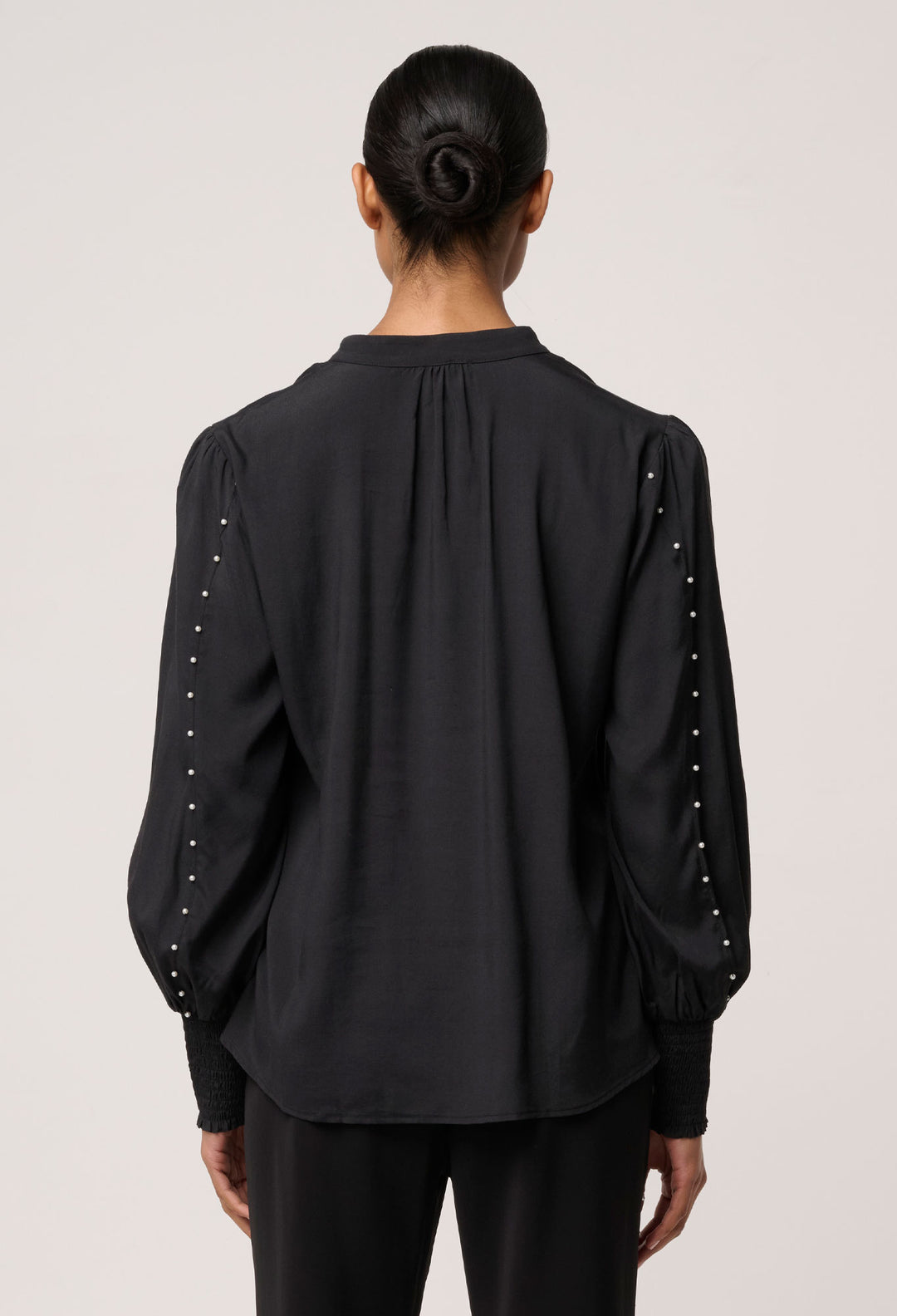 OnceWas Marcela Pearl Embellished Cupro Viscose Stretch Shirt in Black