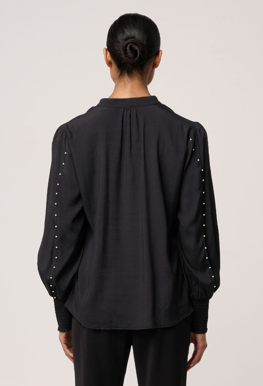 OnceWas Marcela Pearl Embellished Cupro Viscose Stretch Shirt in Black