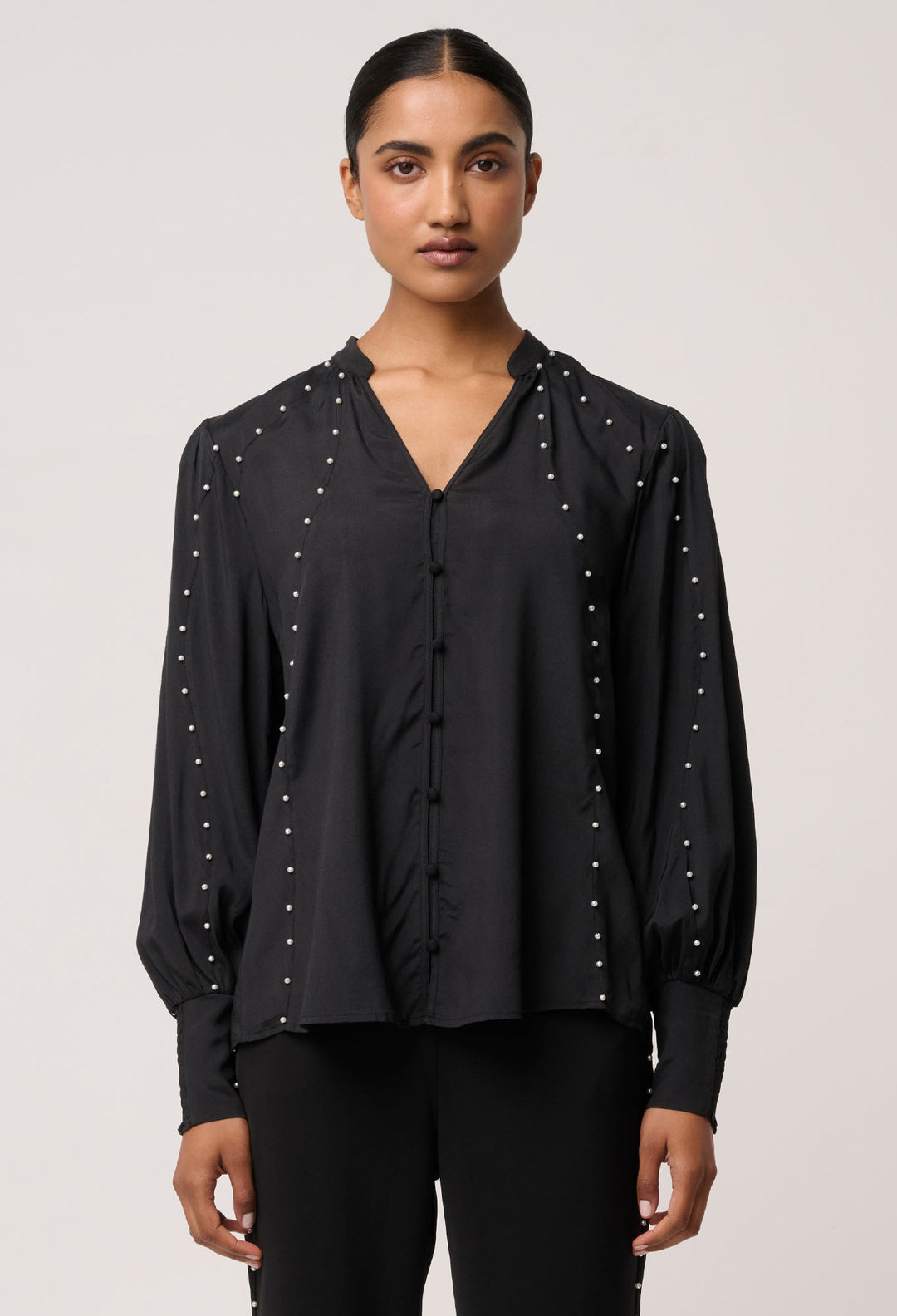 OnceWas Marcela Pearl Embellished Cupro Viscose Stretch Shirt in Black