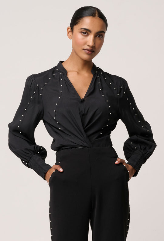 OnceWas Marcela Pearl Embellished Cupro Viscose Stretch Shirt in Black