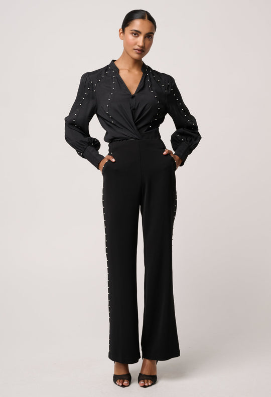 OnceWas Marcela Pearl Embellished Cupro Viscose Stretch Shirt in Black
