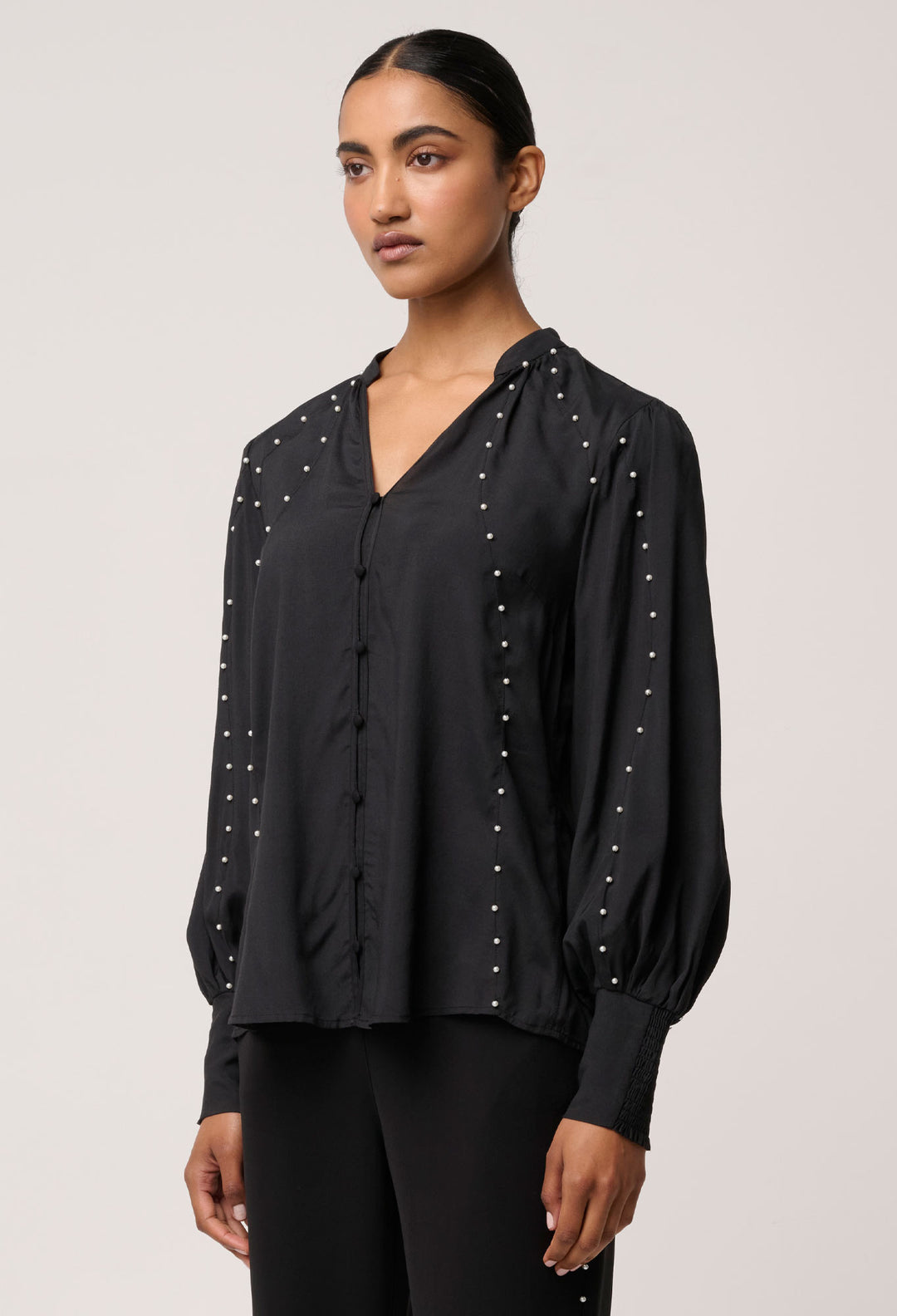 OnceWas Marcela Pearl Embellished Cupro Viscose Stretch Shirt in Black