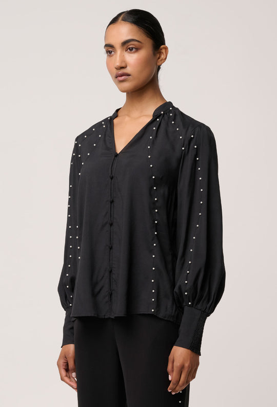 OnceWas Marcela Pearl Embellished Cupro Viscose Stretch Shirt in Black