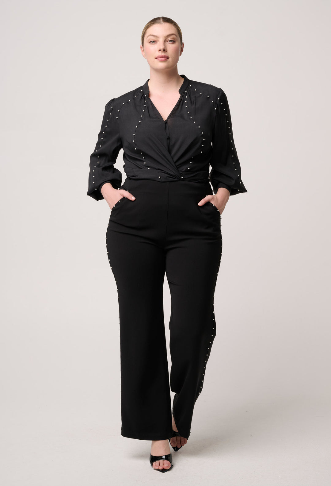 OnceWas Marcela Pearl Embellished Cupro Viscose Stretch Shirt in Black