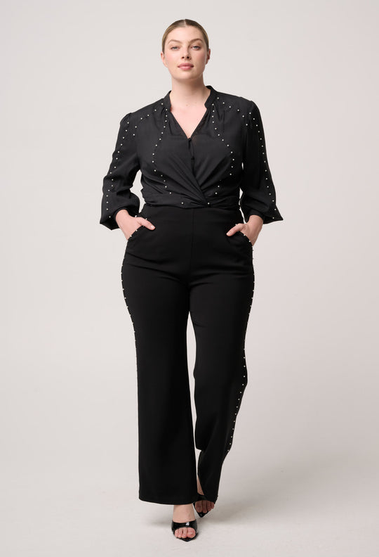 OnceWas Marcela Pearl Embellished Cupro Viscose Stretch Shirt in Black