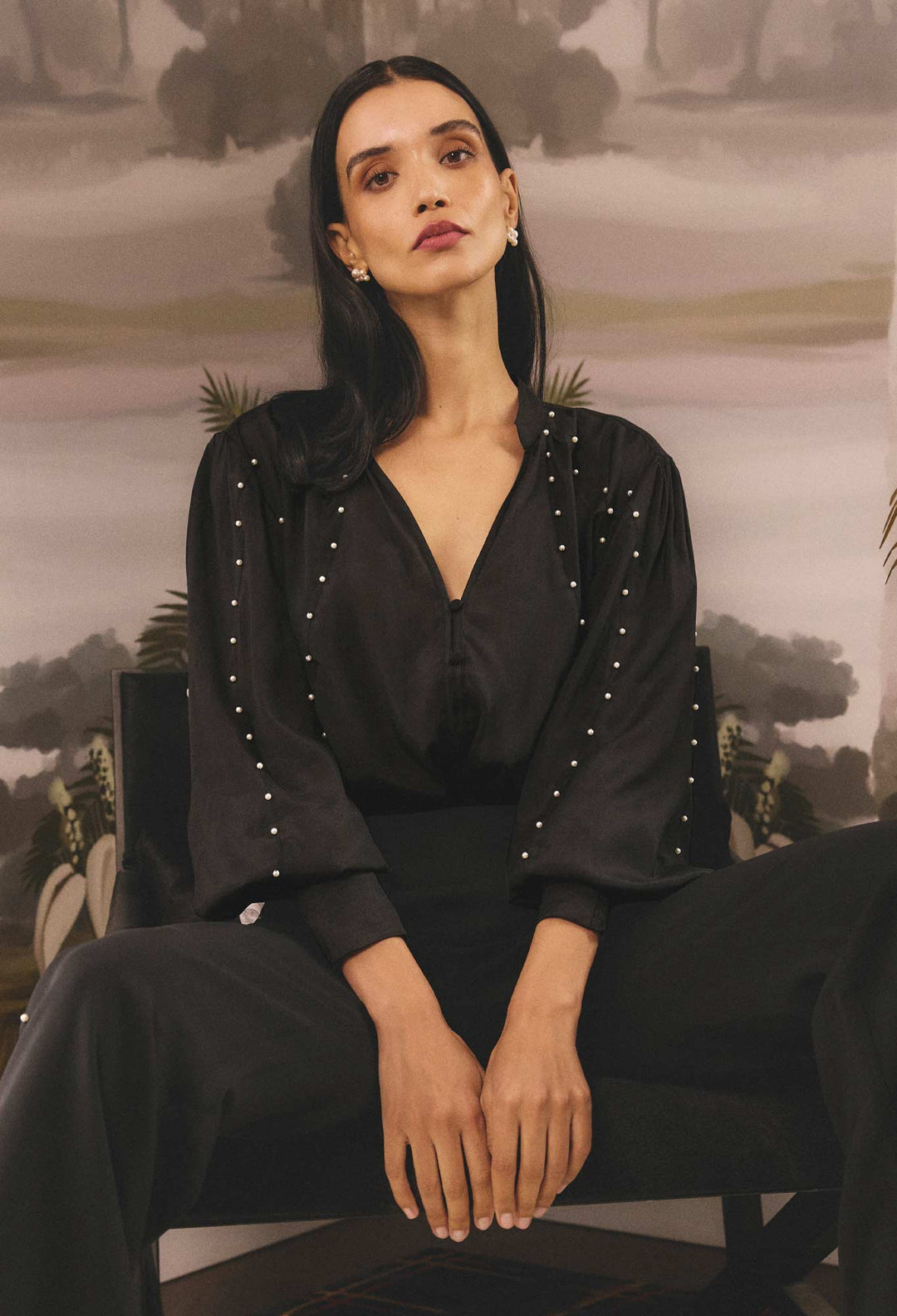 OnceWas Marcela Pearl Embellished Cupro Viscose Stretch Shirt in Black