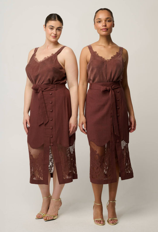 OnceWas Julien Cupro Blend Lace Trim Cami in Rosewood