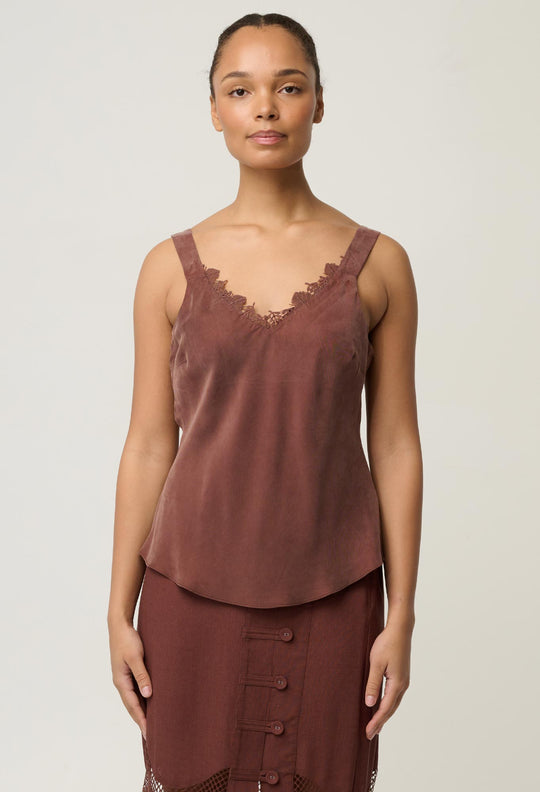 OnceWas Julien Cupro Blend Lace Trim Cami in Rosewood