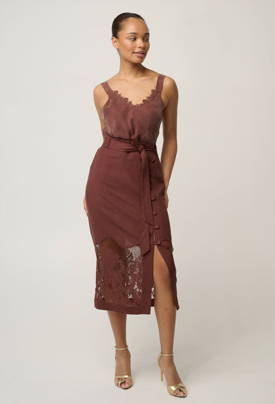 OnceWas Julien Cupro Blend Lace Trim Cami in Rosewood