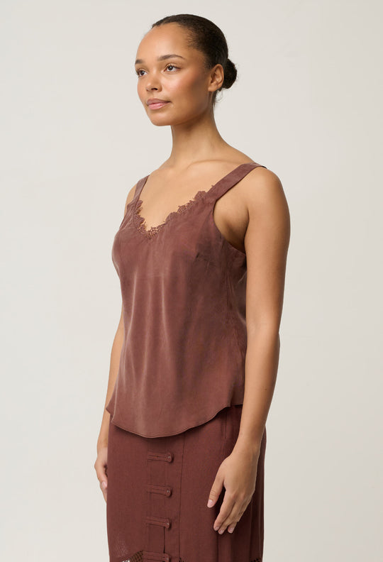 OnceWas Julien Cupro Blend Lace Trim Cami in Rosewood