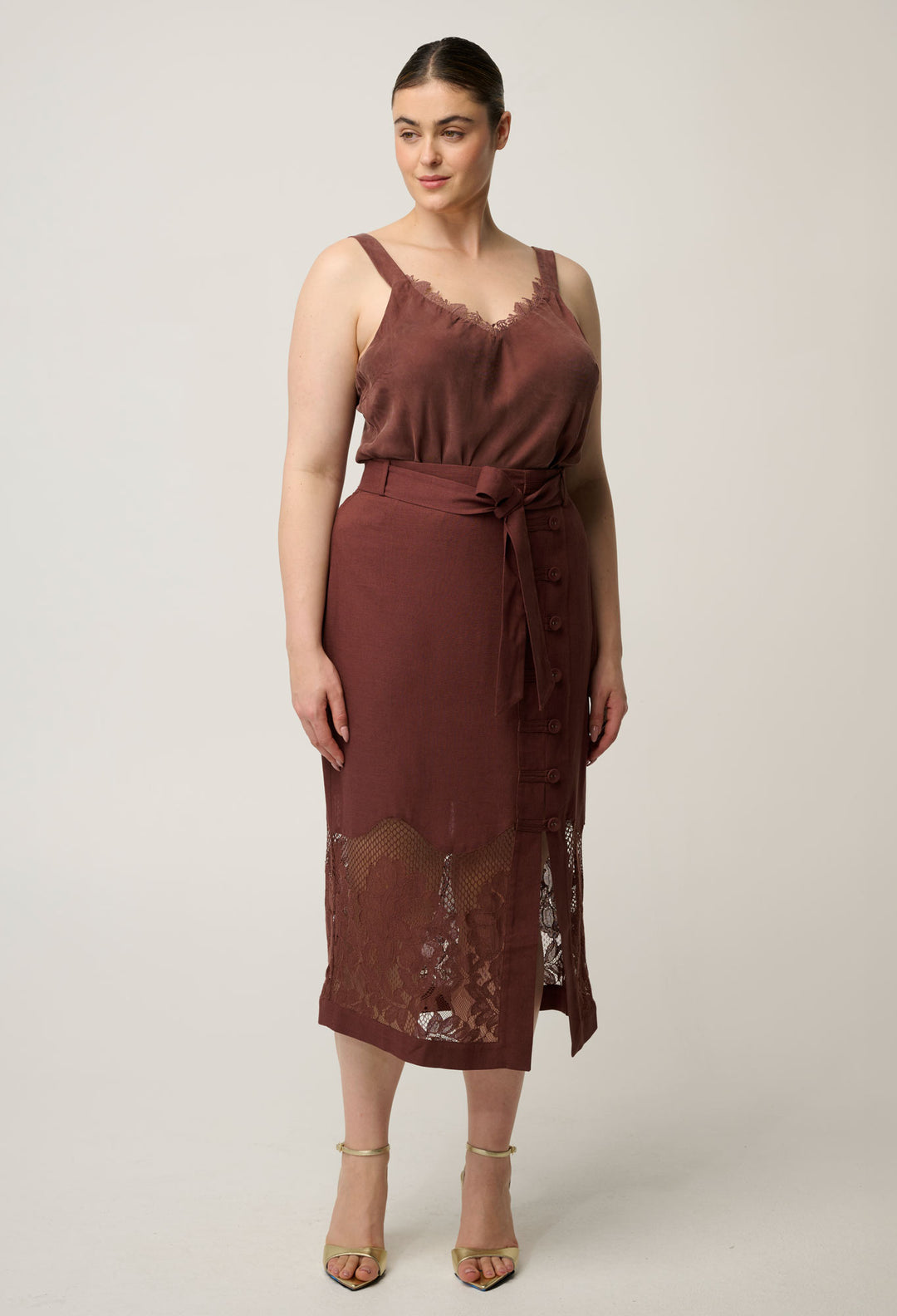 OnceWas Julien Cupro Blend Lace Trim Cami in Rosewood