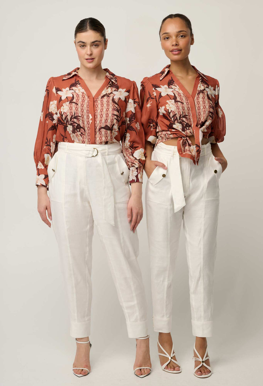 OnceWas Nerine Viscose Faille Cutout Sleeve Detail Print Shirt in Amber Vine