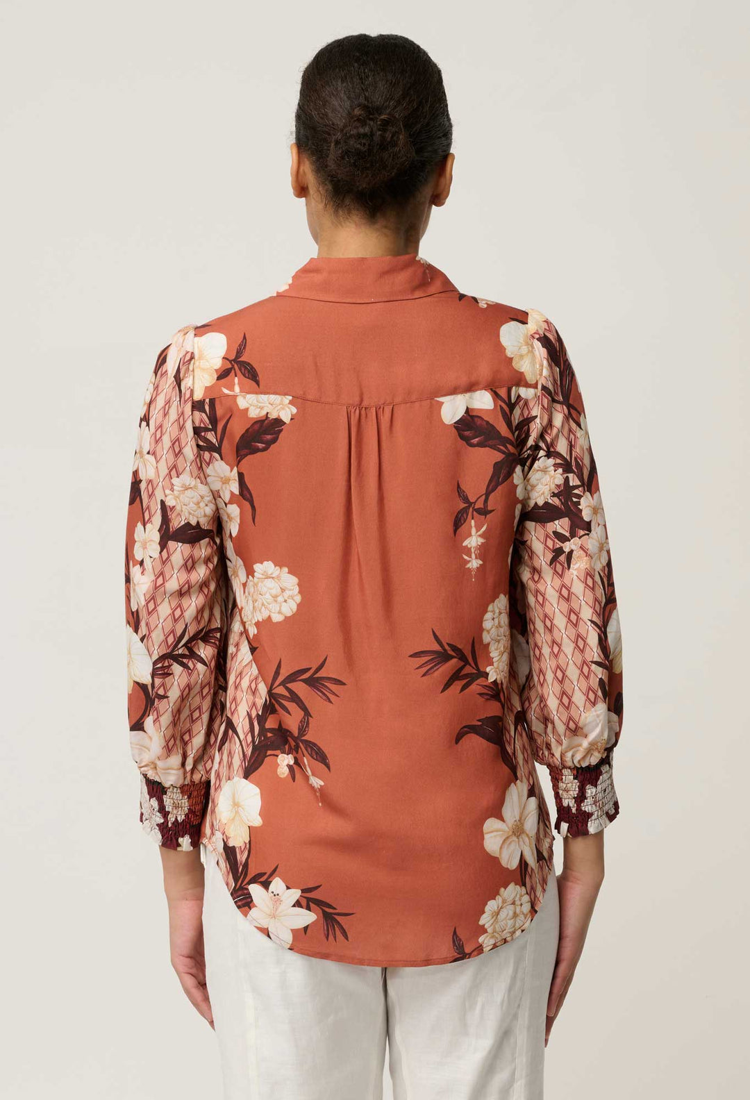 OnceWas Nerine Viscose Faille Cutout Sleeve Detail Print Shirt in Amber Vine