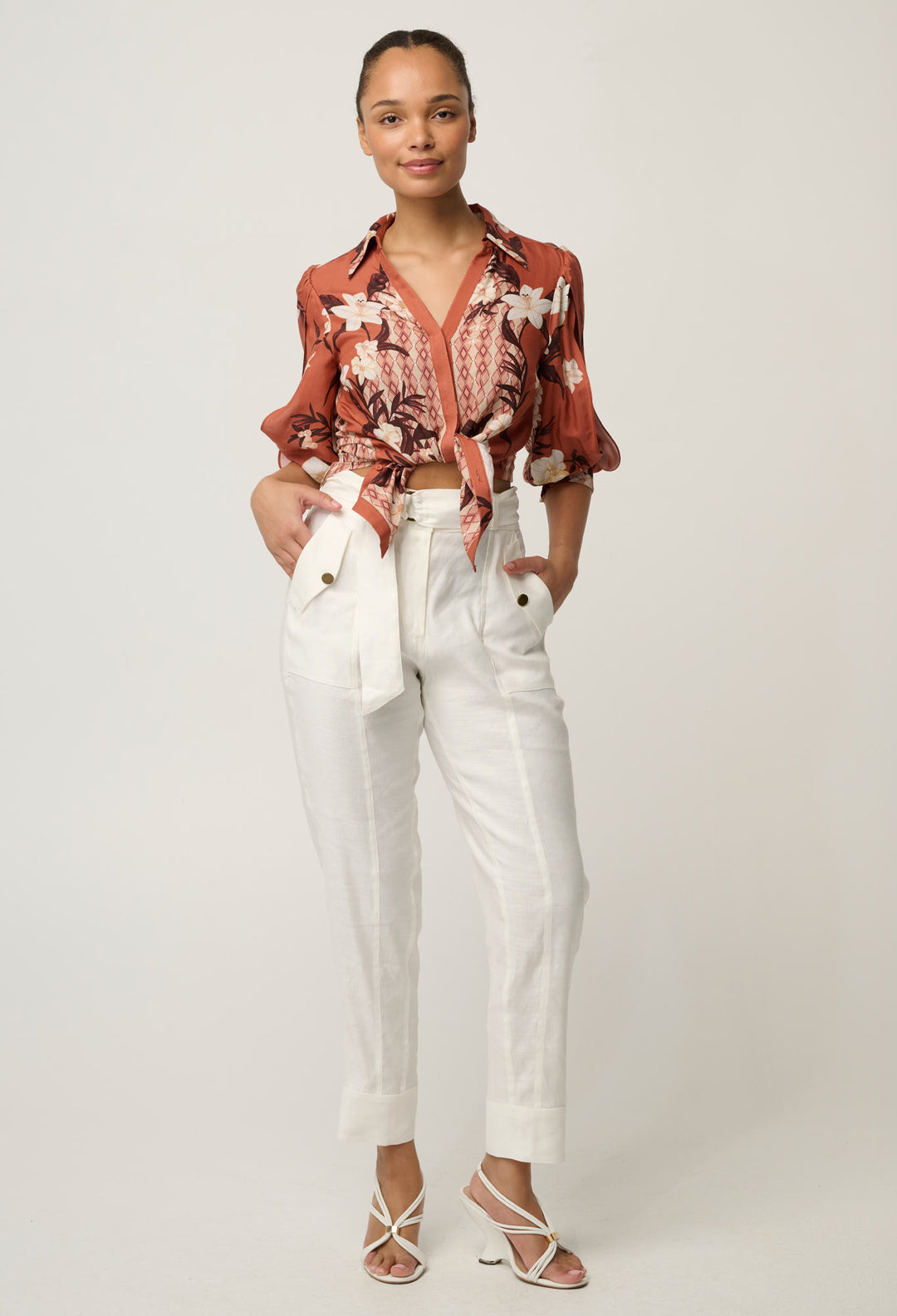 OnceWas Nerine Viscose Faille Cutout Sleeve Detail Print Shirt in Amber Vine