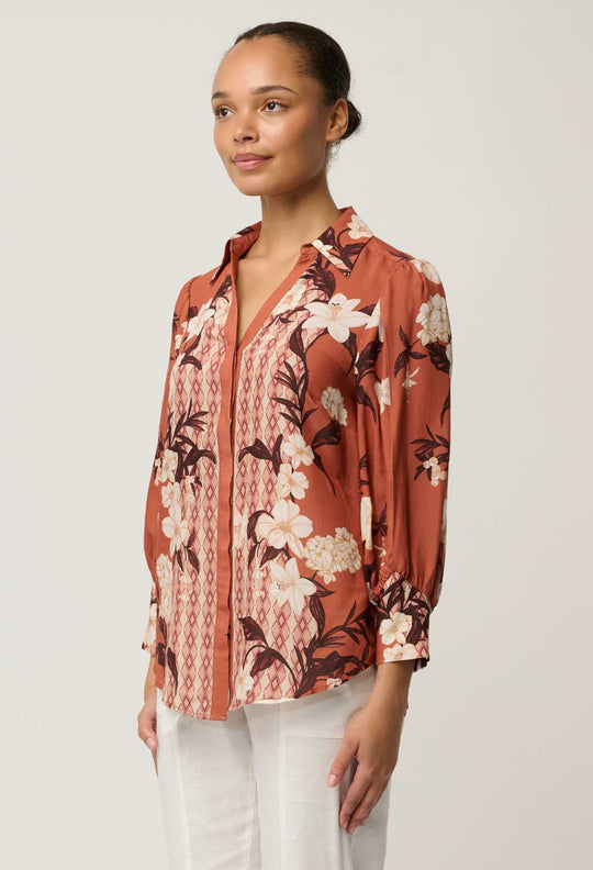 OnceWas Nerine Viscose Faille Cutout Sleeve Detail Print Shirt in Amber Vine