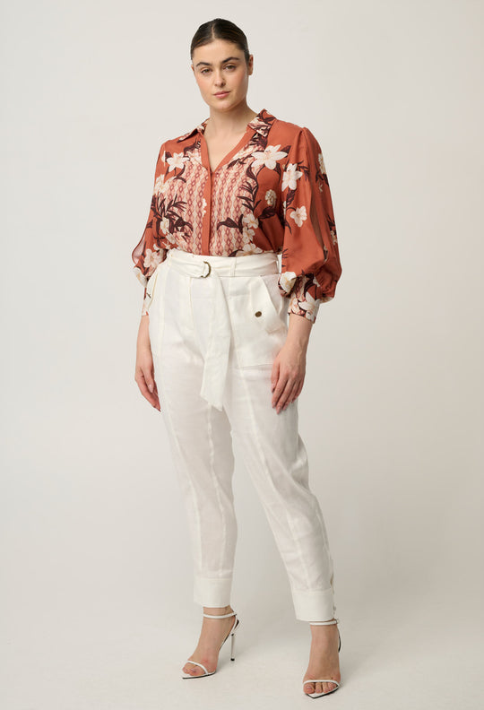 OnceWas Nerine Viscose Faille Cutout Sleeve Detail Print Shirt in Amber Vine