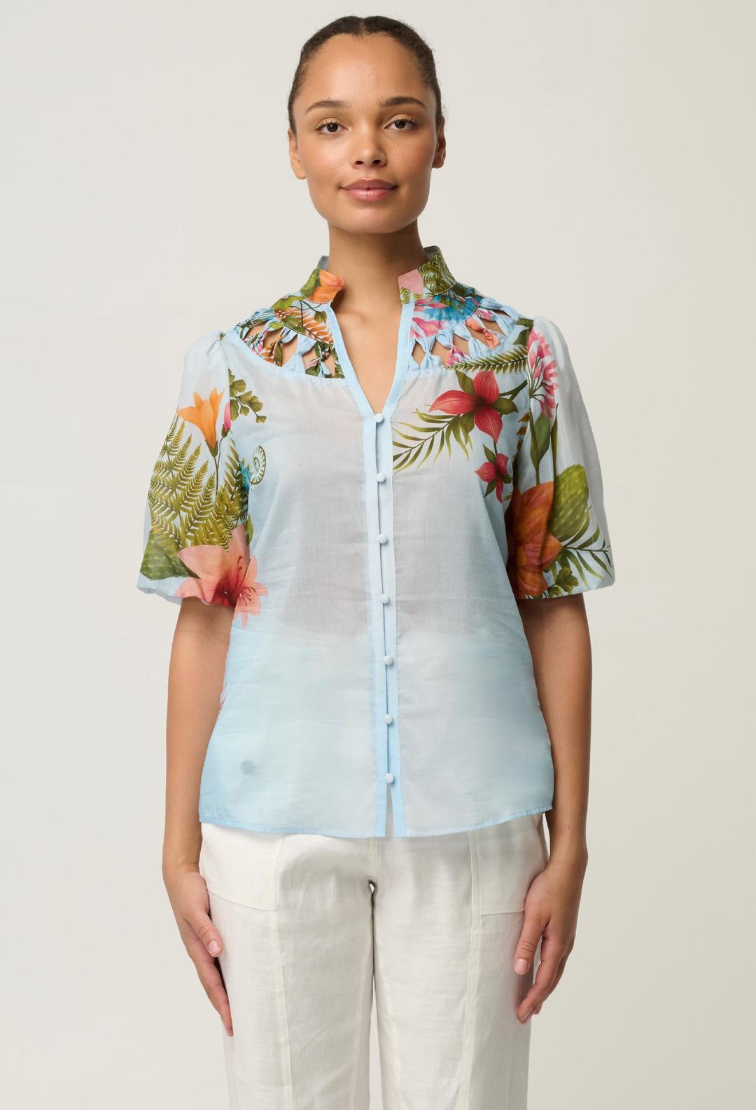 Coralie Cotton Silk Smock Blouse in Bloomscape