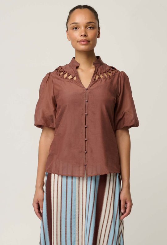 Coralie Cotton Silk Smock Blouse in Garnet