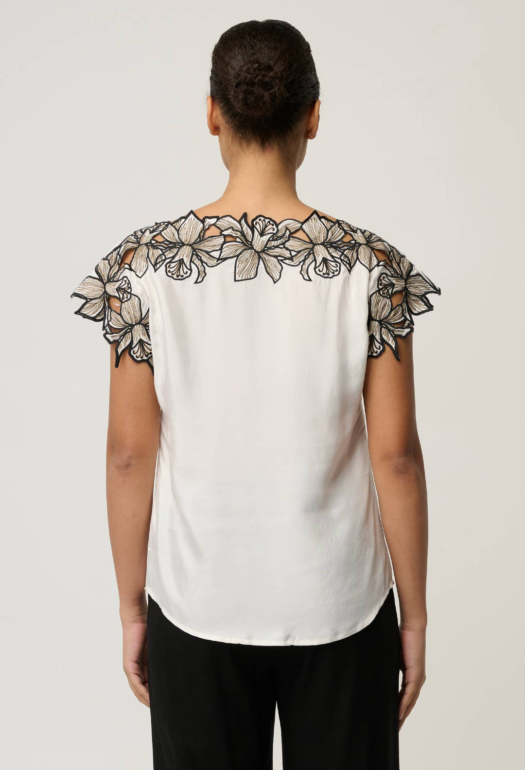 Eleanor Cupro Blend Embroidery Detail Wide Neck Top in Ivory