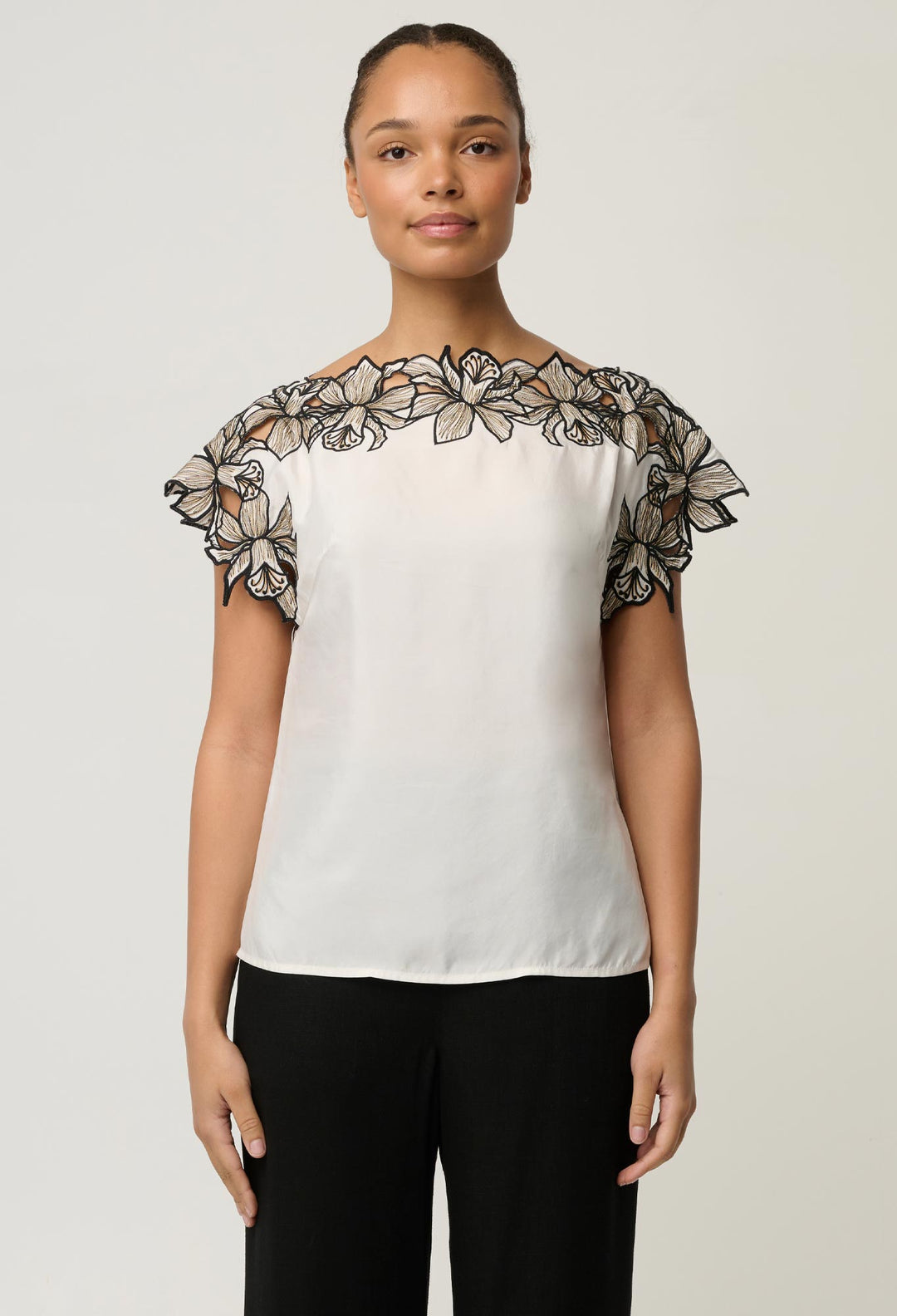 Eleanor Cupro Blend Embroidery Detail Wide Neck Top in Ivory