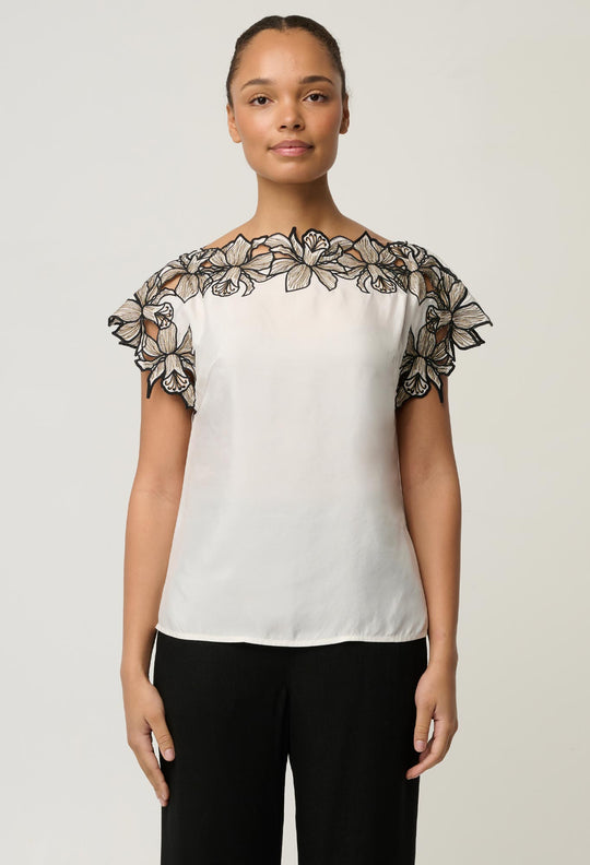 Eleanor Cupro Blend Embroidery Detail Wide Neck Top in Ivory