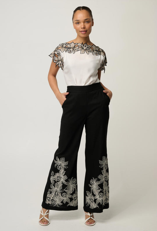 Eleanor Cupro Blend Embroidery Detail Wide Neck Top in Ivory