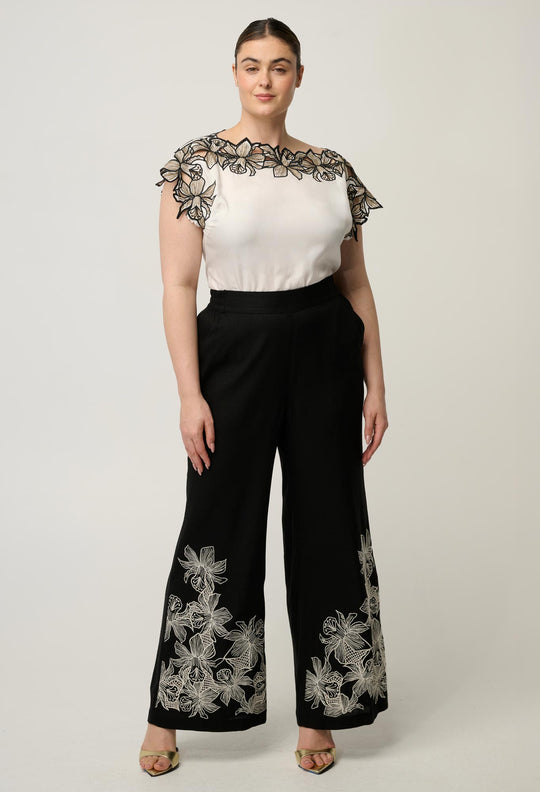 Eleanor Cupro Blend Embroidery Detail Wide Neck Top in Ivory