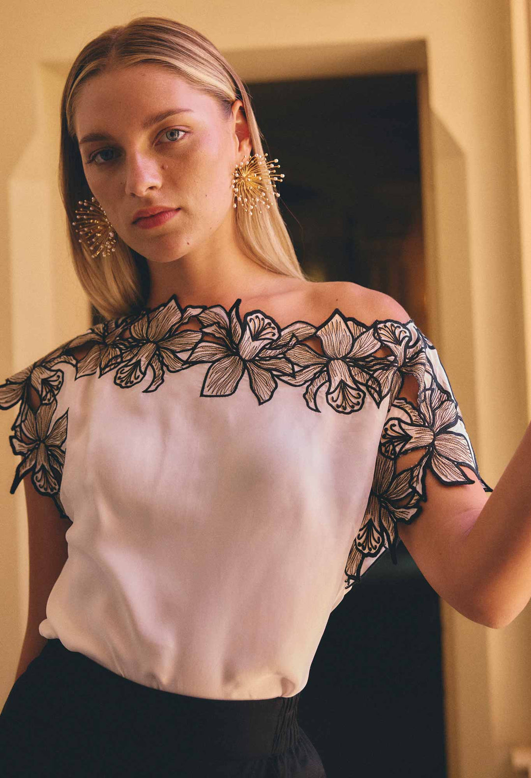 Eleanor Cupro Blend Embroidery Detail Wide Neck Top in Ivory
