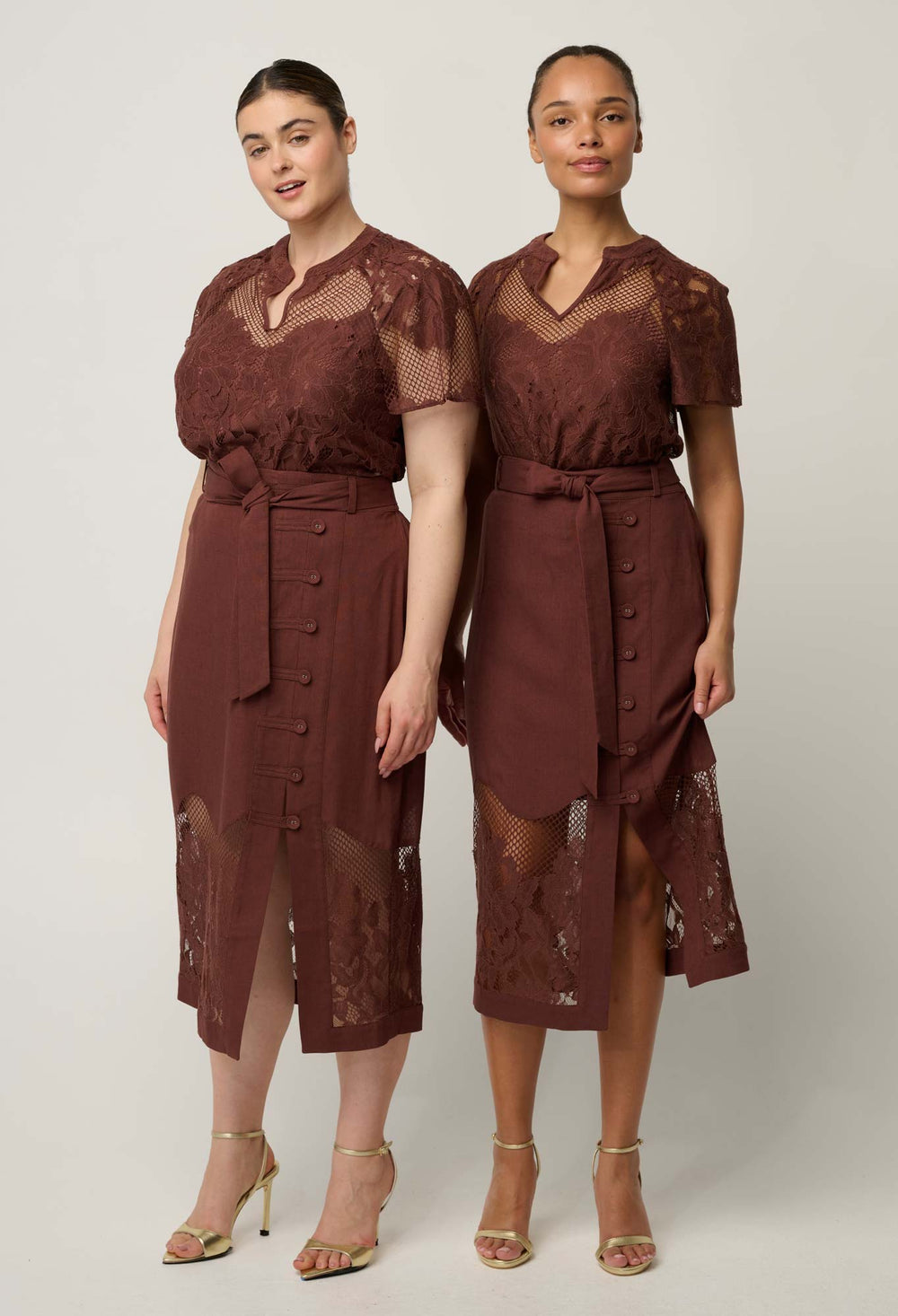OnceWas Solene Cotton Blend Placement Lace Short Sleeve Top in Rosewood