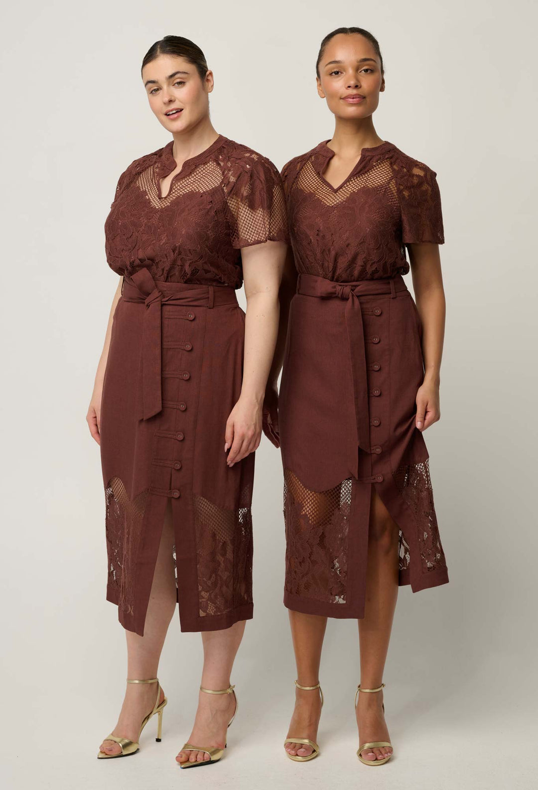 OnceWas Solene Cotton Blend Placement Lace Short Sleeve Top in Rosewood