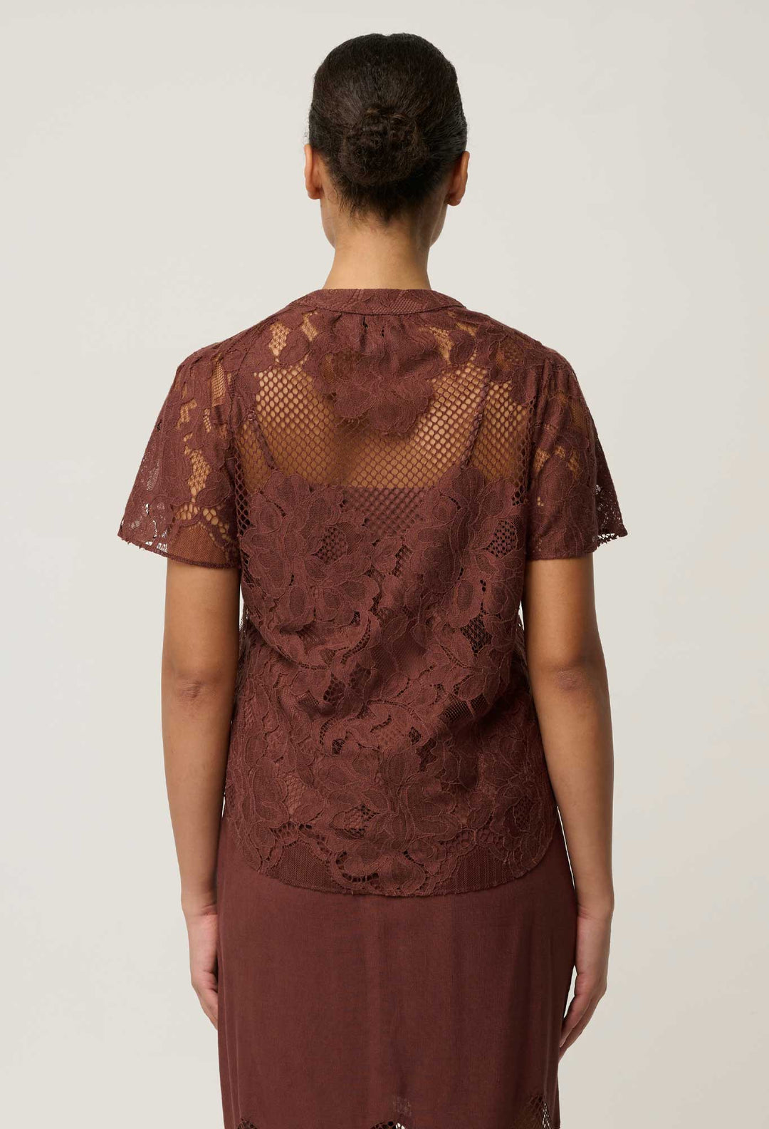 OnceWas Solene Cotton Blend Placement Lace Short Sleeve Top in Rosewood