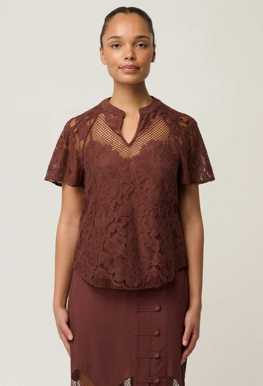 OnceWas Solene Cotton Blend Placement Lace Short Sleeve Top in Rosewood