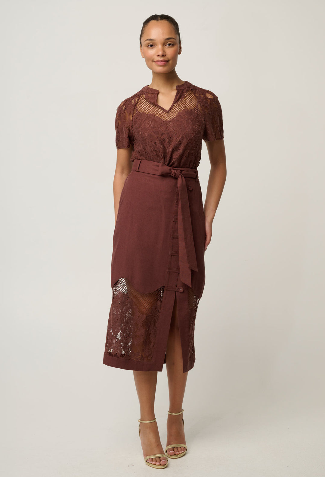 OnceWas Solene Cotton Blend Placement Lace Short Sleeve Top in Rosewood