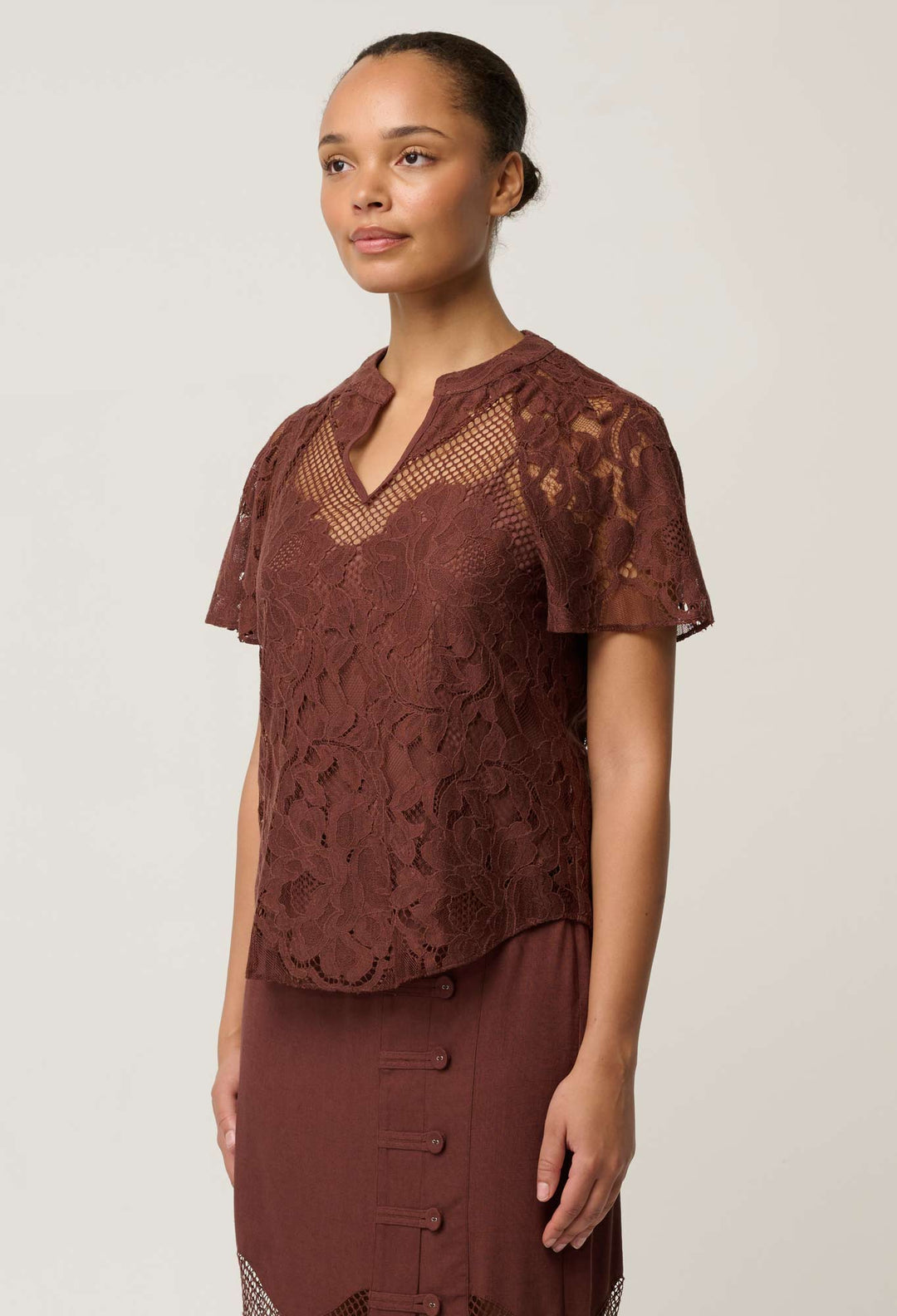 OnceWas Solene Cotton Blend Placement Lace Short Sleeve Top in Rosewood