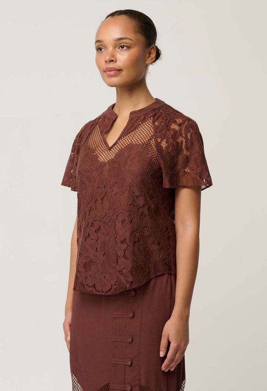 OnceWas Solene Cotton Blend Placement Lace Short Sleeve Top in Rosewood