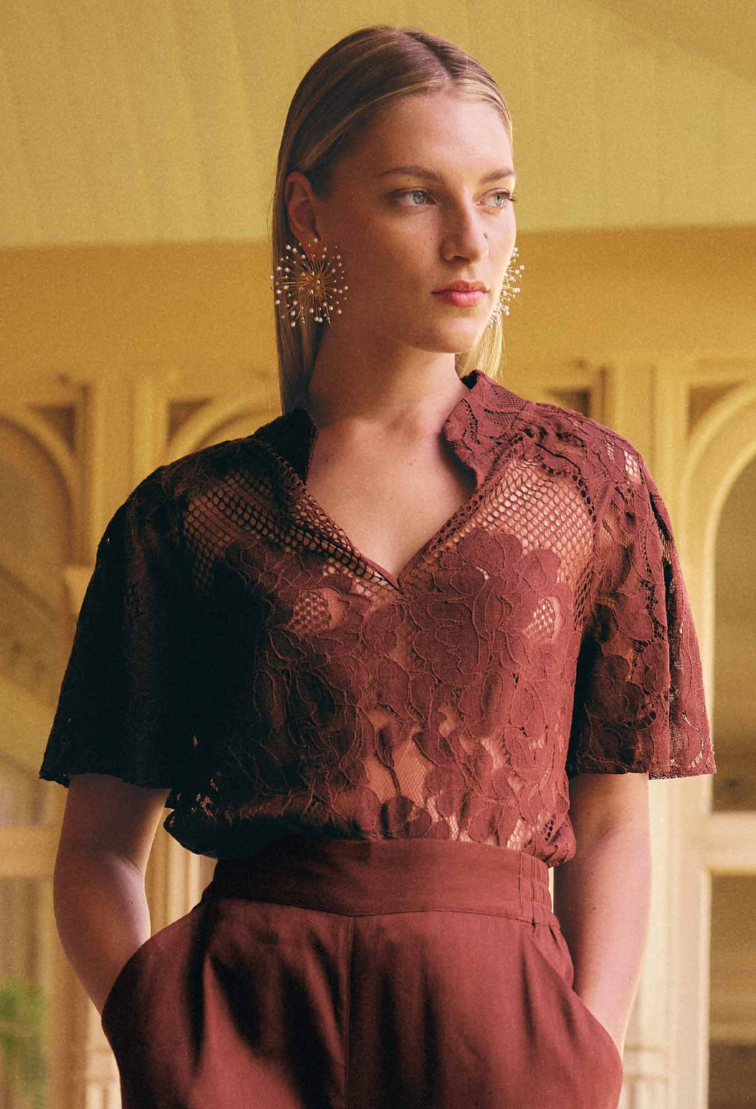 OnceWas Solene Cotton Blend Placement Lace Short Sleeve Top in Rosewood