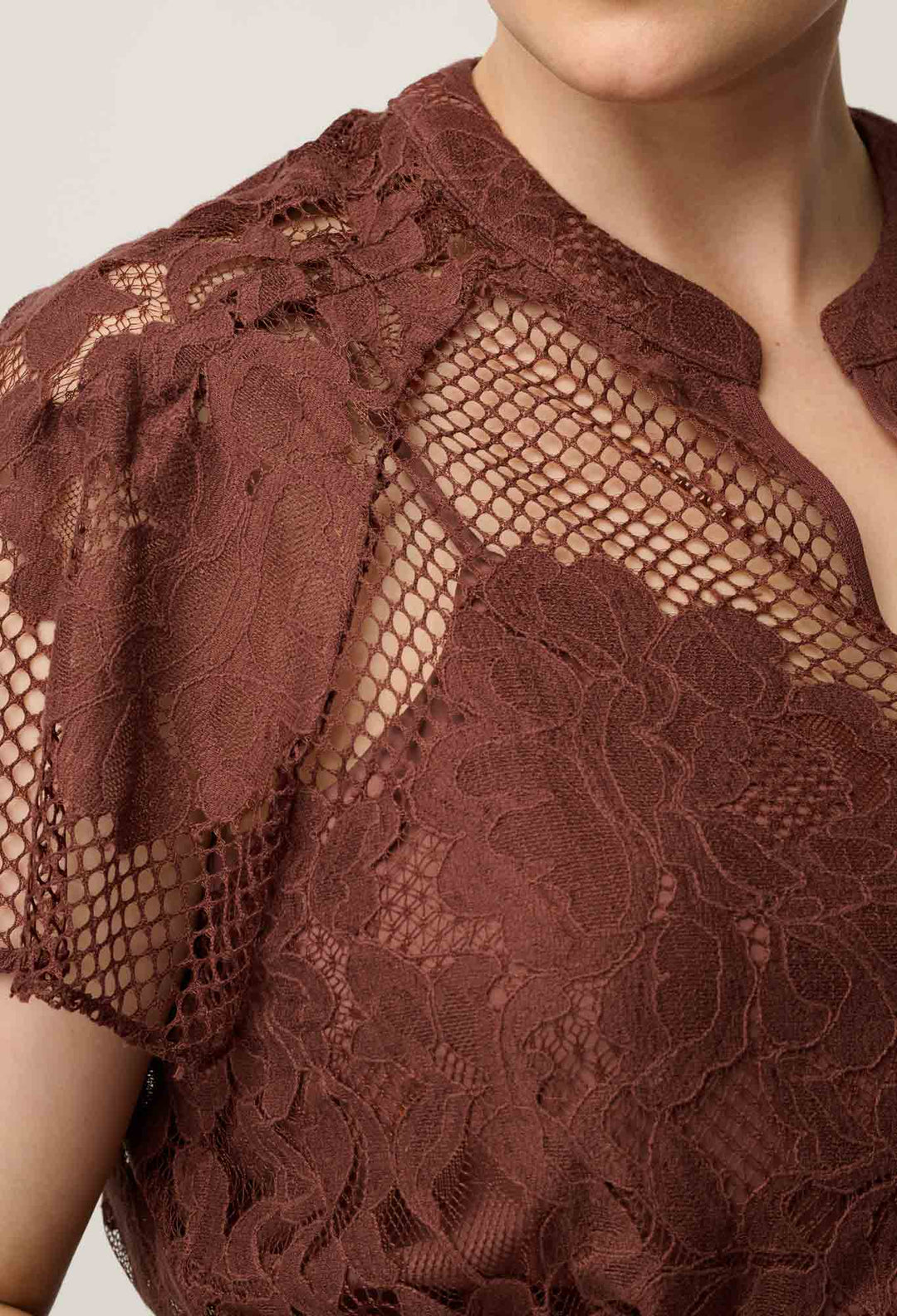 OnceWas Solene Cotton Blend Placement Lace Short Sleeve Top in Rosewood