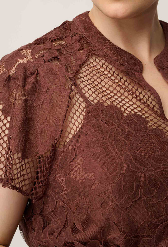 OnceWas Solene Cotton Blend Placement Lace Short Sleeve Top in Rosewood